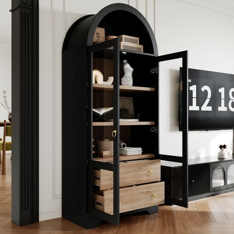 Aparador alto con estantes y cajones ajustables, mueble de cocina con cristal transparente y amplio espacio de almacenamiento, ideal para comedor, salón y cocina (negro). (1/5)