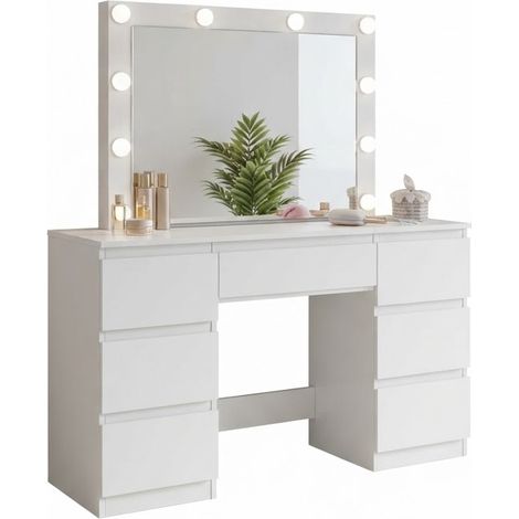 ELVMI Tocador con 7 Cajones, Espejo LED Regulable y Regleta con USB, para Dormitorio, Madera Elaborada, Blanco (1/5)