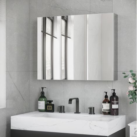 Armadio bagno da parete 3 ante a specchio, acciaio inox, 70x12x55 cm, argento DESVIAE (1/5)