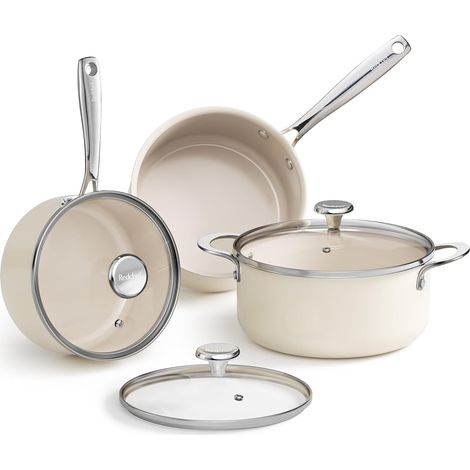 Lot de 6 casseroles en céramique à induction avec couvercles en verre, casseroles de 24 cm, casserole 18 cm, 20 cm pour tous les types de plaques de cuisson et four, compatibles avec (1/5)