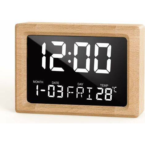 Wooden digital alarm clock, USB-powered electronic alarm, snooze alarm, LED display, time, temperature (1/5)