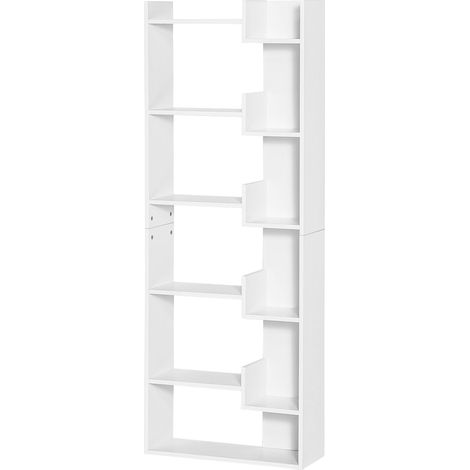 Weißes, asymmetrisches Bücherregal mit 6 Ablagen, 60 x 21 x 162,5 cm, Aufbewahrungsmöbel für Wohnzimmer, Schlafzimmer oder Büro