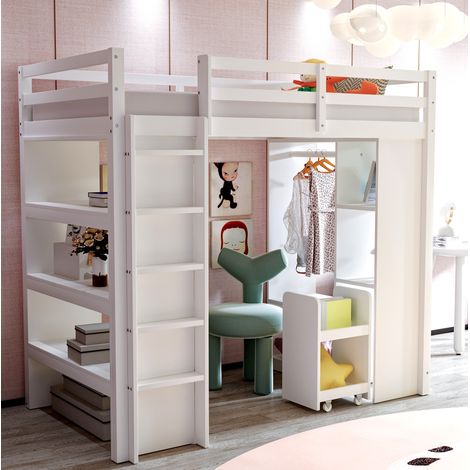 Lit mezzanine enfant en bois blanc 90x200 cm avec étagères, penderie, niches de rangement et chariot amovible (1/5)