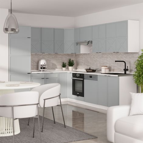 Cuisine en angle Fame-Line, Bleu clair-gris/blanc, 227 x 60 cm sans plan de travail, Vicco