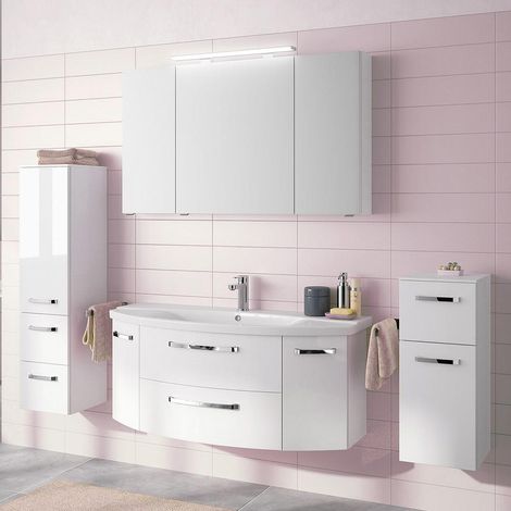 Badmöbel-Set4-tlg. FES-4010-66 in weiß glänzend mit 140cm Waschtisch, gerundet, mit Keramikbecken - B/H/T: 234x200x50cm (1/5)