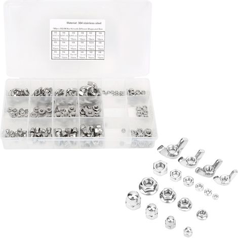 Kit de 180 écrous en acier inoxydable à ailettes et à tête hexagonale M2, M2.5, M3, M4, M5 et M6 (1/5)