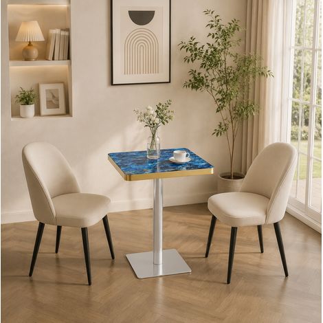 Table de salle à manger carrée 60x60x74 cm en MDF et métal bleu, effet marbre FloraGrace (1/5)