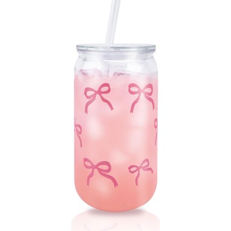 Gobelets à paille en plastique avec nœud rose de 500 ml avec couvercles, tasse à smoothie pour fête prénatale, pour lait, eau glacée, jus, café, soda, cocktail, boissons froides ou chaudes (1/5)