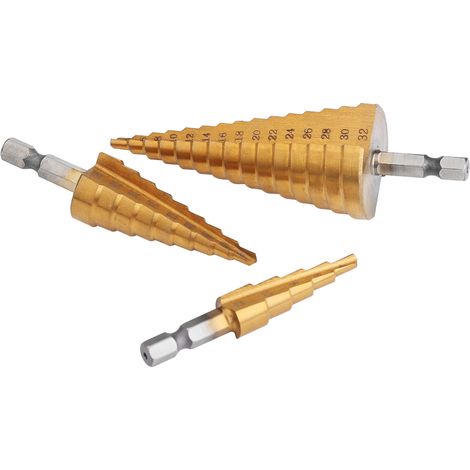 3 forets étagés (4-32 mm, 4-20 mm, 4-12 mm) 1 poinçon automatique en laiton (1/5)