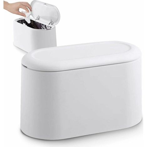Petite poubelle de table avec couvercle à clipser, idéale pour le bureau, la salle de bain, la cuisine et la chambre, ou pour ranger les croquettes pour animaux, blanche. (1/5)