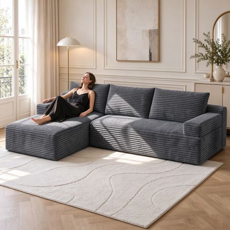 Canapé d'angle gris convertible réversible 263x171x 59cm, Canapé compressé modulaire combinaison libre, Canapé 4 places avec grande méridienne en Velours côtelé confortable (1/5)