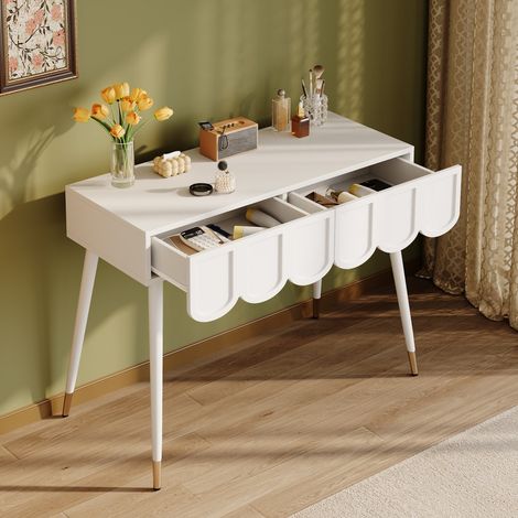 Coiffeuse Table de Maquillage 100x40x76cm - 2 Tiroirs Design Nuage Pieds Métal Bureau Console Moderne - Blanc MDF Bois et Métal