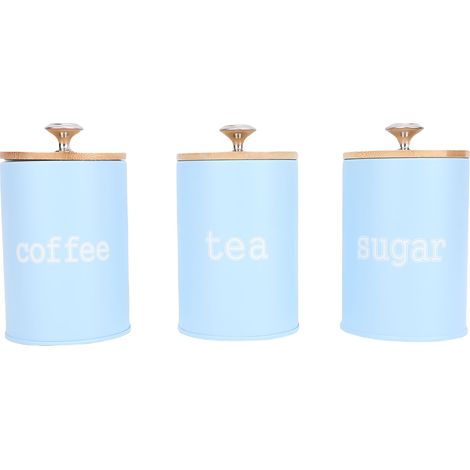Boîte de Stockage en Fer avec Couvercle Bois pour Café Thé Sucre Multifonctionnel Airtight Set 3 Pièces Vintage 9.4x15.5cm Bleu (1/5)