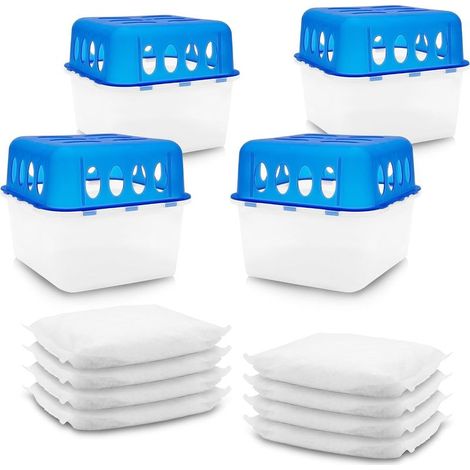 Déshumidificateur Réutilisable 4 Pièces avec 8 Recharges de 400g, Absorbeur d'Humidité avec Bac Collecteur, Sans Électricité pour Armoire, Cave, Salle de Bain et Voiture (1/5)
