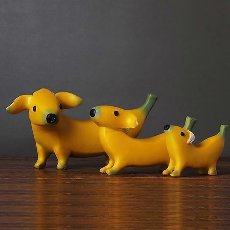 Figurines de chiens bananes en résine, statues d'animaux de dessin animé, décoration pour la maison ou l'hôtel, lot de 3 pièces - 20 x 9 x 9 cm / 160 g, 12,5 x 6,5 x 7,5 cm / 124 g, 9 x 3,5 x 6 cm / 9 (1/5)