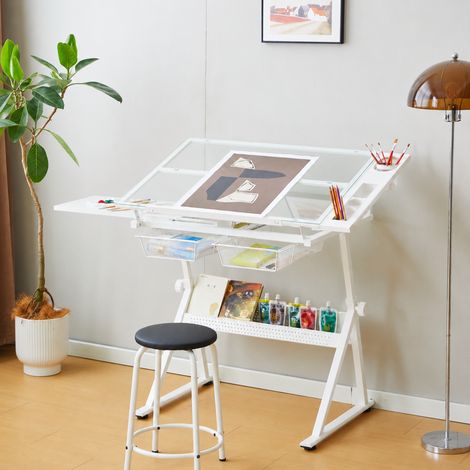 Mesa de dibujo ajustable, superficie de vidrio, estructura de acero, color blanco (1/5)