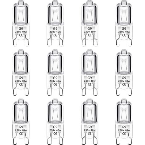 Pack of 12 G9 40W 230V Dimmable Halogen Bulbs, 0-100%, 480LM, Warm White 2700K, G9 Bi-Pin Base Halogen Lamp, Flicker-Free, for Ovens, Chandeliers, Landscape Lamps, Cabinet Lighting (1/5)