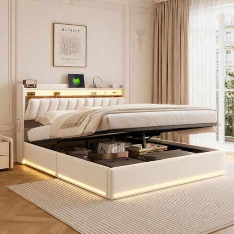 Stauraumbett 160x200 cm, gepolstertes Doppelbett mit RGB-LED-Beleuchtung und USB-/Typ-C-Ladeanschluss, Kopfteil mit Stauraum, weicher Samt, Beige (1/5)
