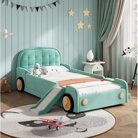 Letto a castello per bambini 90x200 cm con scivolo e scaletta reversibili, struttura sicura in velluto - blu-verde (1/5)