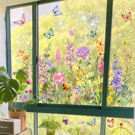 Autocollant de fenêtre en forme de bouquet de fleurs coloré, autocollant double face réutilisable pour fenêtre de jardin, décoration de maison et de bureau (1/4)