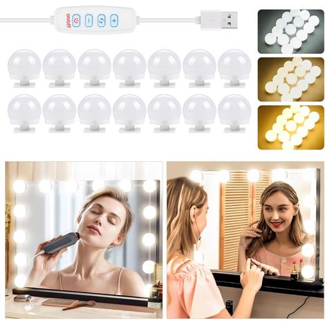 Éclairage pour miroir de salle de bain, 14 ampoules LED à intensité variable, 3 couleurs, 9 niveaux de luminosité, câble USB réglable. (1/5)