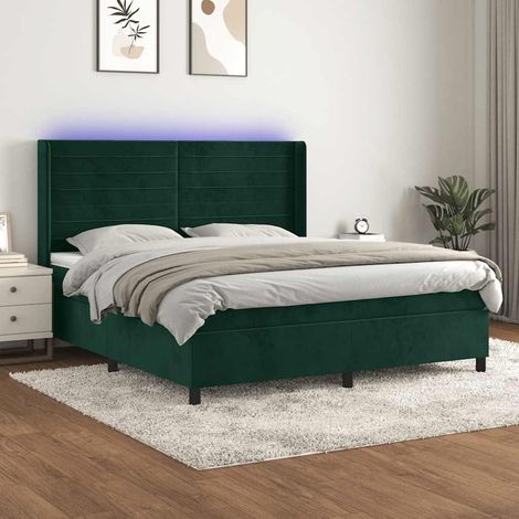 Cama box spring colchón y LED terciopelo verde oscuro 180x200cm (1/5)