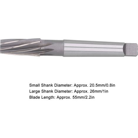 1:10 Reibahle für Spiralreibahlen, Spiralreibahle aus HSS mit konischem Schaft, Spezifikationen: 24 mm (kleine Seite), 20,5 mm (Schneidblattlänge), 55 mm (große Seite), 26 mm (große Seite). (1/5)