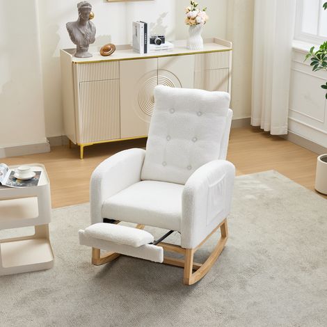 Sillón Balancín con Reposapiés Ajustable y Bolsillos Laterales, Bouclé, Blanco 66,5 × 121,5 × 102 cm (1/5)