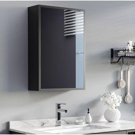 Armario de baño con espejo de acero negro 40 cm, mural, 3 niveles de almacenamiento (1/5)