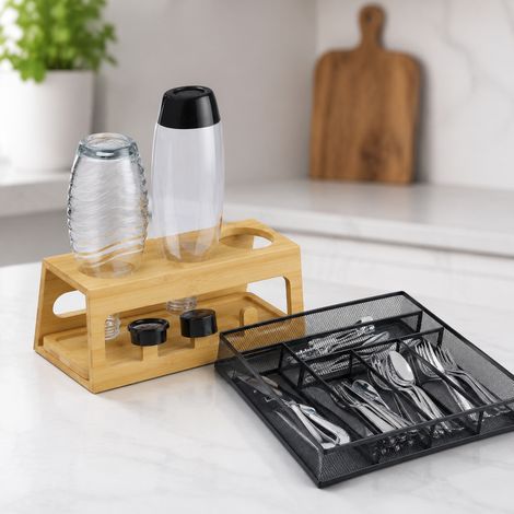 Juego de secado de bambú para cocina (2 piezas): escurridor de botellas de 3 ranuras y bandeja de malla metálica para cubiertos. (1/5)