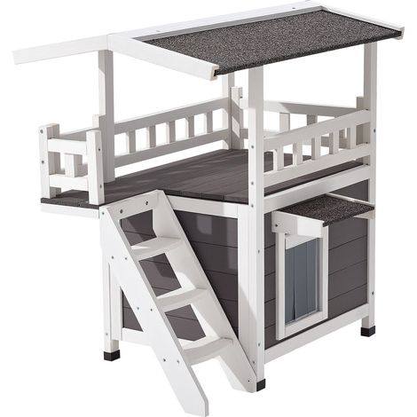 Mophorn Zweistöckiges Katzenhaus aus Holz mit Treppe und Balkon, wettergeschützter Unterschlupf für drinnen und draußen, geräumige und erhöhte Konstruktion, ideal für Katzen im Winter, 762x563x774 mm (1/5)