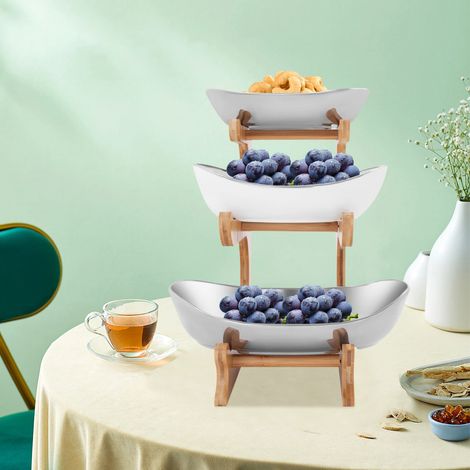 3 Tier Fruit Bowls Fruit Stand Storage Holder Ceramic Fruit Bowls With Bamboo Stand, Modern Design For Home, Kitchen, Office, Display And Storage (1/5)