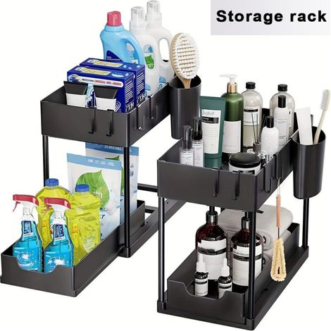 Lot de 2 organisateurs sous évier – Tiroir coulissant pour accès facile – Rangement cuisine et salle de bain – Noir – 8 crochets inclus (1/5)