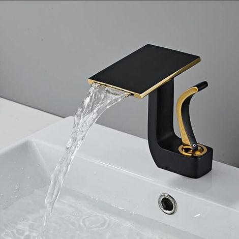 Waterfall Bathroom Faucet, Modern Waterfall Bathroom Faucet, Waterfall Sink Faucet, Adjustable Hot and Cold Water Waterfall Bathroom Mixer Tap (Black + Gold) MUMU (1/4)