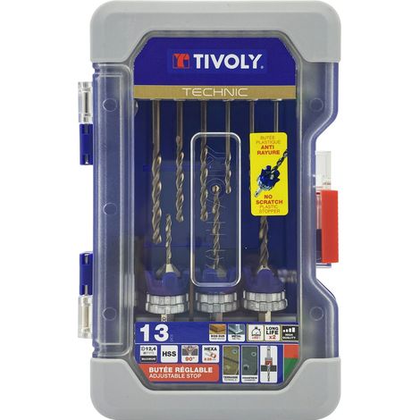 Tivoly • Schachtel mit 13 Teilen – 3 2-in-1-HSS-Holz-/Metallbohrer- und Senker-Sets + 6 HSS-Bohrer + 3 Edelstahl-Bohrer + Zubehör (1/2)