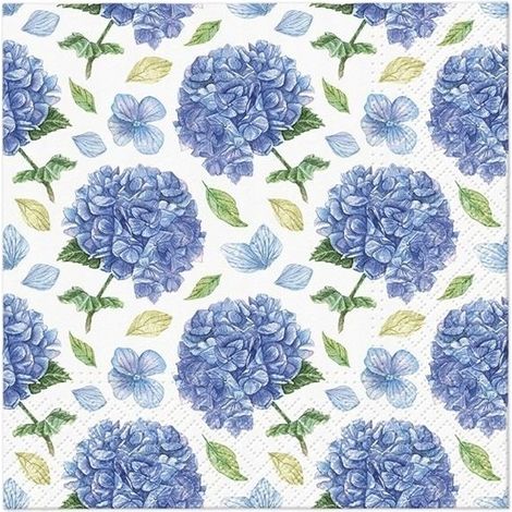 Serviettes en papier bleues FLEURS Hortensia Printemps 33x33cm 20 pièces.