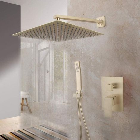 Juego de grifo de ducha de níquel dorado, cabezal de ducha de pared de 12 pulgadas, juego de ducha de lluvia con grifo mezclador de ducha de mano (1/5)
