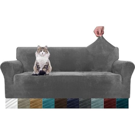 Housse de canapé en Velours épais - Super Extensible pour Chiens Cat Pet Friendly - 1-Piece Elastic Furniture Protector en Peluche - 3 Places - Gris (1/5)