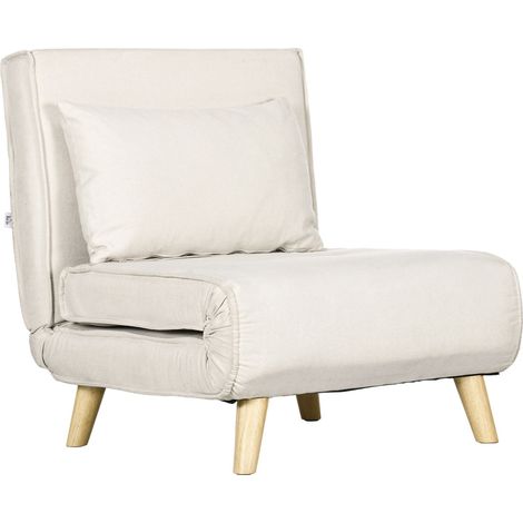 Sillón para dormir, cama plegable con función de cama, cojín lumbar, sillón relajante plegable con aspecto de lino, respaldo ajustable, capacidad de carga de hasta 150 kg, para salón, color blanco cre