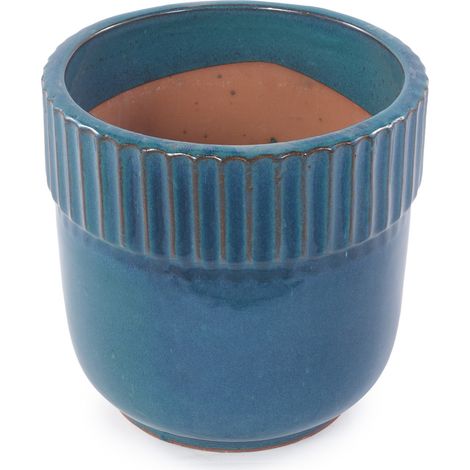 Vaso per piante in ceramica fatto a mano Ø 23 cm turchese lucido con bordo scanalato verticale (1/5)