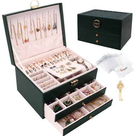 Boîte à bijoux, Organisateur de bijoux avec 2 tiroirs, Boîte de rangement de bijoux en cuir à 3 couches avec serrure, Coffret à Bijoux pour collier, d'oreille, bracelet, Vert foncé (1/5)