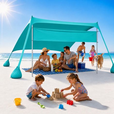 Tente de plage – Voile d'ombrage de plage avec protection UV UPF50+ 2,1 x 2,1 m, résistante au vent et légère, tente de plage avec pelle à sable, piquets et barres de stabilité, turquoise (1/5)