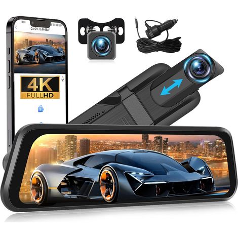 4K Dashcam Voiture Avant et Arrière, AHD Rétroviseur Dashcam, 9,66" Écran Tactile avec G-capteur, Vision Nocturne, Aide au Stationnement, BSD, Contrôle par Application, Caméra de Recul 1080P (1/5)