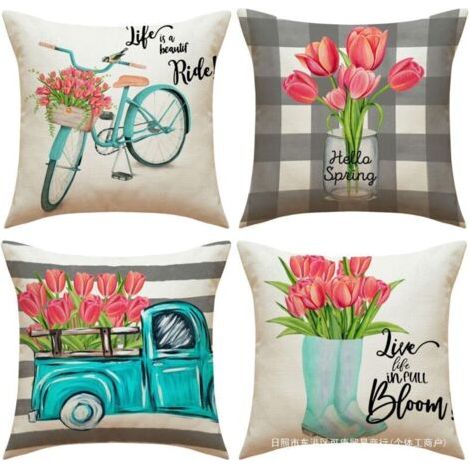 Pair Lot de 4 Housses de Coussin Extérieur, Imperméable, Lin Moderne, 45x45 cm, Motif Fleurs Printanières, Décor Canapé, Jardin