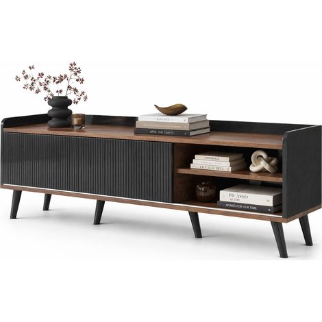 Mueble TV con dos puertas correderas rayadas, dos cajones y amplio espacio interior, diseño negro y madera con patas estables y borde superior elevado CHICFURN (1/5)