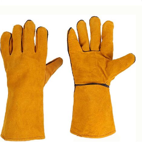 Gants de soudage résistants à la chaleur- gants de soudage ignifugés- longs gants en cuir avec coutures- adaptés aux soudeurs- aux grillades au feu de bois- au jardinage (jaune). (1/5)