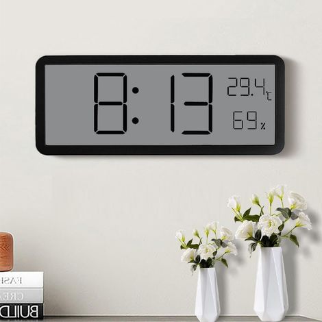 Horloge Murale Numérique à Piles, Écran LCD de 8" avec Affichage de L'heure, De La Température et de l'humidité, Horloge Murale Numérique pour Salon, Chambre à Coucher (Noir) (1/5)