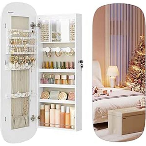 Mobiletto portagioie a specchio da parete con illuminazione a LED e serratura specchio a figura intera con più scomparti per orecchini e collane superficie bianca 120003935