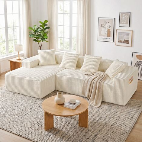 Kompaktes 3-Sitzer-Ecksofa aus Cord, modulares Cloud-Sofa, Chaiselongue links, keine Montage erforderlich, 261 x 156 x 80 cm, beige