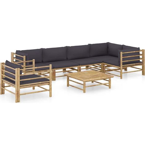 Salon de jardin 7 pcs Ensemble Table et Chaise de Jardin - avec coussins gris foncé Bambou BV504256 - BonneVie (1/5)